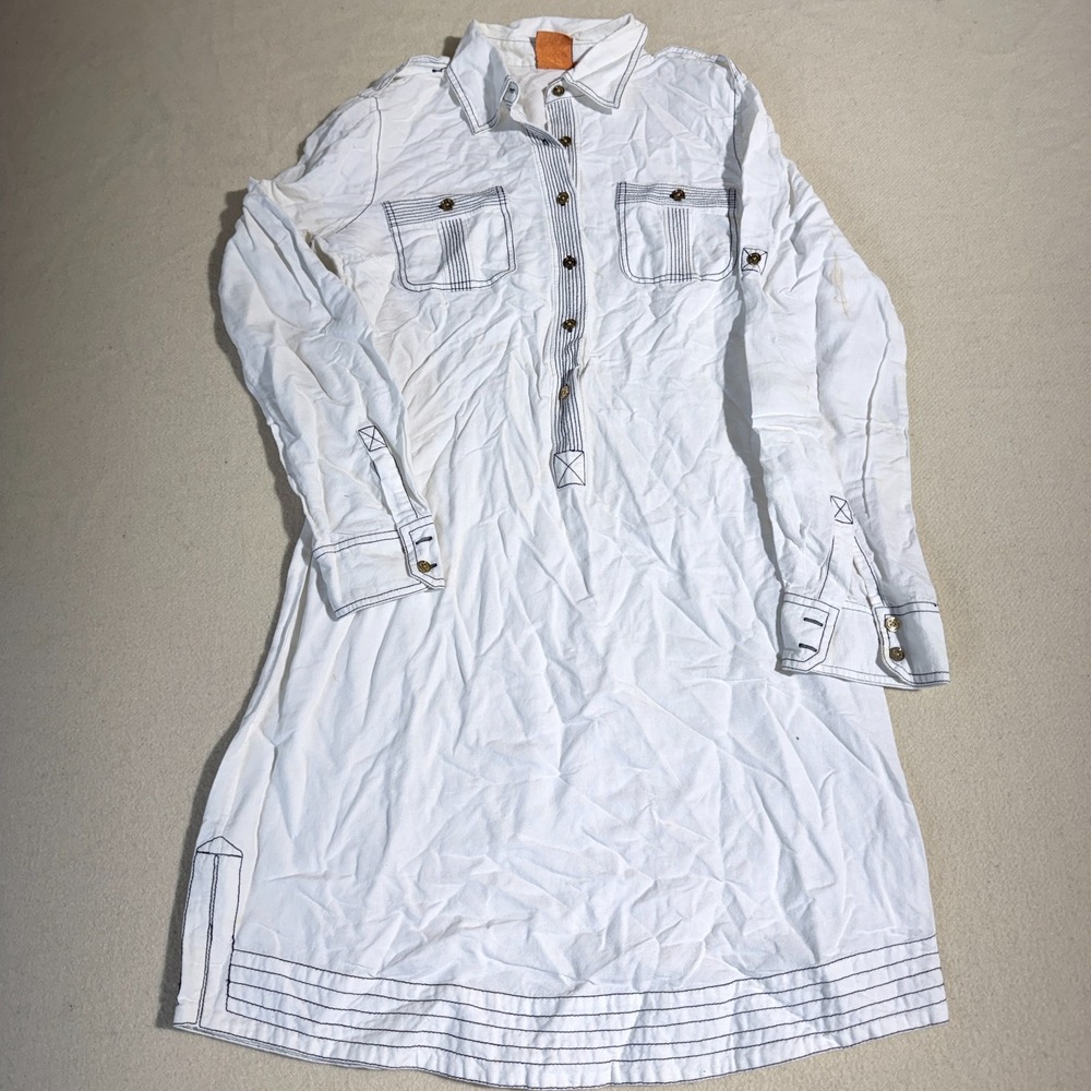 Tory Burch White Embroidered Cotton Collared Long Sleeve Shirt Dress Womens 10